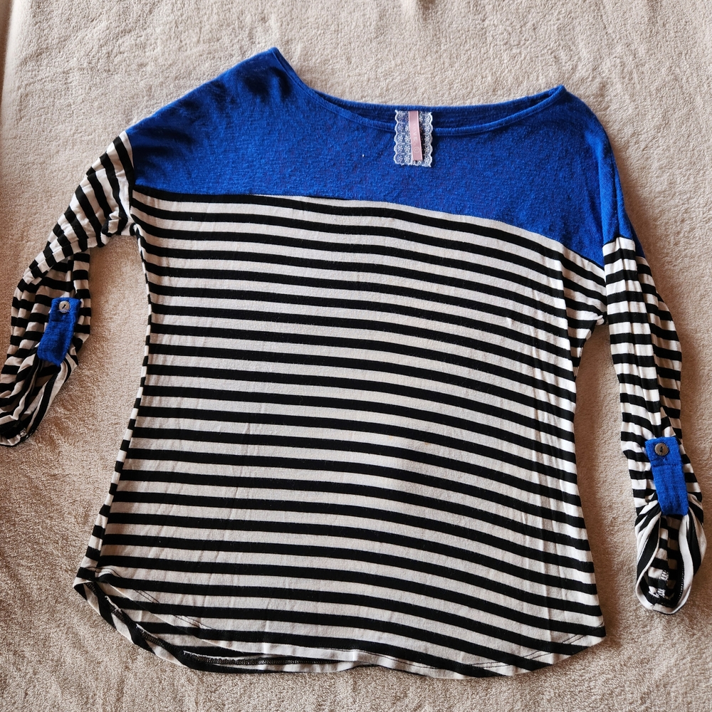 Blue and Black Striped Blouse with Boat Neck and Long Sleeves